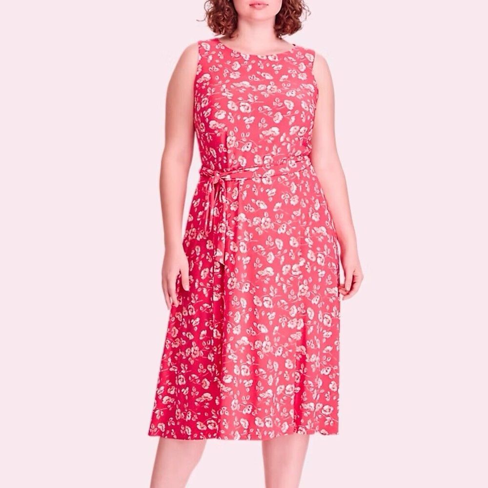 Ralph‎ Lauren Peach Floral Fit Flare Sleeveless Stretch Midi Dress Size 10